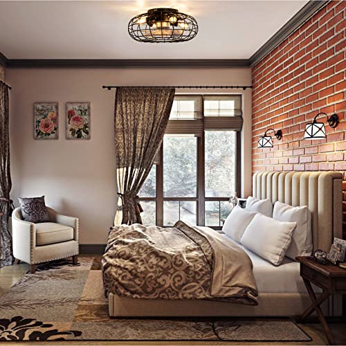 NookNova Ceiling Fan with Lights, 16 Inch Caged Ceiling Fan Lights Remote Control Small Industrial Ceiling Fan Light Fixture Flush Mount Farmhouse Light 6 Speeds Bladeless Lights for Bedroom Kitchen