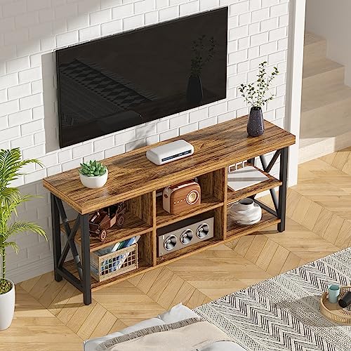 GreenForest TV Stand for TV up to 65 inches, Entertainment Center with 6 Storage Cabinet for Living Room, 55 inch Farmhouse Television Stands Console Table, Industrial TV stands for Living Room, Black