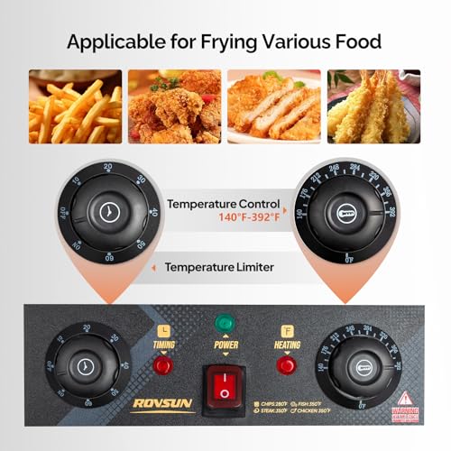 ROVSUN 12.5QT/11.8L Electric Deep Fryer w/Frying Basket, Timer, Drain, & Lid, Commercial Countertop Single Tank Frying Machine, Adjustable Temperature, for French Fries Donuts Onion Rings, 1700W 110V