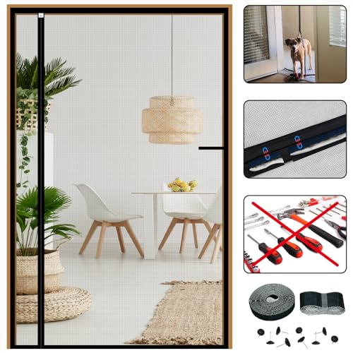 CHIYUNS Magnetic Screen Door Mesh 50 x 81.6 Inch, Fit Door Size 48 x 80 Inch, Reversible Left Right Side Opening, Grey Fiberglass Door Screen Magnetic Closure, Self Sealing, Keep Bugs Out