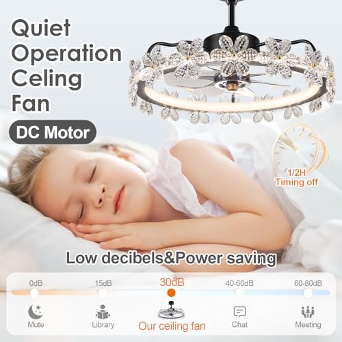 STROLITE Fandelier Ceiling Fans with Lights and Remote, 20.5'' Crystal Flower Bedroom Ceiling Fan, 3 Colors, 6 Speeds, Dimmable LED Light, Chandelier Ceiling Fan for Kitchen (Crystal Flower)