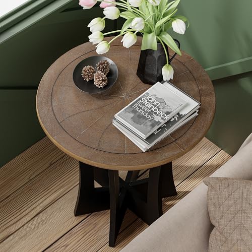 COZAYH Farmhouse Round End Table with Criss-Cross Wood Legs, Rustic French Country Side Table for Dinning or Living Room, Modern, Black, Natural Wood, 23.62’’W*23.62’’D*23.22’’H
