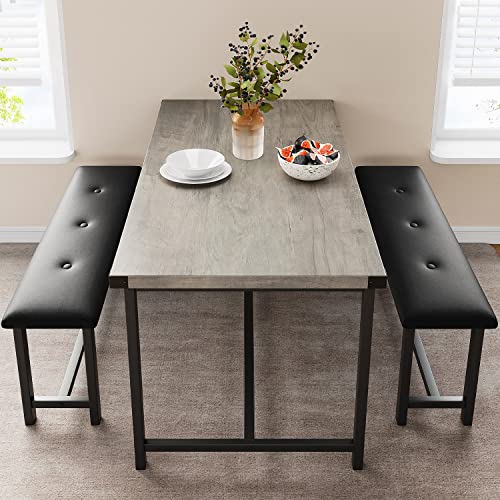 Alkmaar Kitchen Table Set with 2 Benches, Rectangular Dining Table for 4, Upholstered Benches, Farmhouse Style, Retro Gray