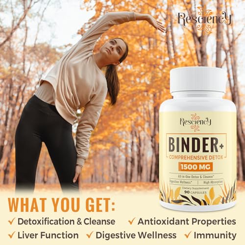 Resciency 6-in-1 Detox Binder Supplement 1500 MG | Max Absorption | Liver Detox Cleanse | Activated Charcoal & Zeolite Clay | Toxin, Liver, Gut, Digestive | 90 Vegetarian Capsules