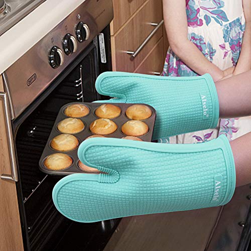 Alselo Oven Mitts Heat Resistant Silicone Kitchen Gloves for 550 Degrees with Waterproof and Non-Silp, Set of 2 Oven Gloves for Baking Cooking Barbecue Microwave Machine Washable (Blue, 2)