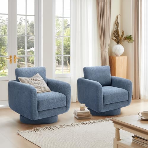COLAMY Swivel Accent Chairs,Living Room Chair Upholstered Barrel Wide Modern Sofa Armchair Comfy Corner Bedroom Round Chair,Bue