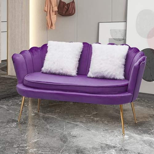 Magshion Purple Velvet Couch Tufted Loveseat with 2 Pillows, Velvet Love Seat Accent Chair, Modern Scalloped Back Upholestered Armchair with Metal Legs, Cushion Padded Sofa