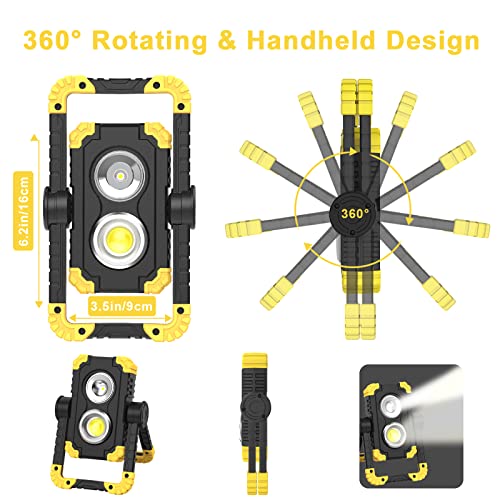 Samyoung 2 Pack Magnetic 6000 Lumen Work Light, 10 Hours Long Lasting 360°Rotating 7000K Warm Rechargeable Work Light, Folding Waterproof Led Work Light for Job Site Car Inspection Camping Emergency
