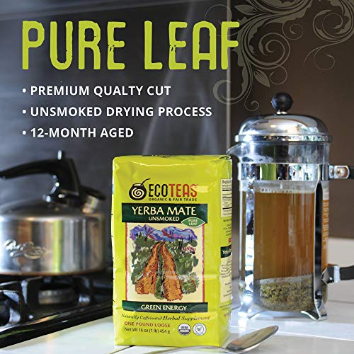 ECOTEAS Organic Yerba Mate Loose Leaf Tea – Natural Energy & Detox Herbal Tea – Caffeine Alternative - Kosher, Non-GMO, Gluten-Free - Unsmoked Pure Leaf from Argentina, 1 lb (Pack of 1)