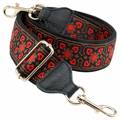 Nefelibata Purse Strap, 2" Wide Full Grain Cowhide Shoulder Strap Adjustable Replacement,Jacquard Embroidery Multi-pattern Crossbody Bag Straps for Handbag,Crossbody Bags(Vintage safflower)