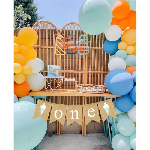 Sweet One Banner, Ice Cream First Birthday Banner,Baby Shower Burlap Banner Decoration,1st Birthday Party Decorations (Candy Blue Ice Cream)