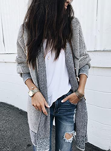 Sidefeel Womens Plaid Long Sleeve Open Front Cardigan Fall Outfits Chunky Knit Oversized Sweaters Winter Coats Purple Medium