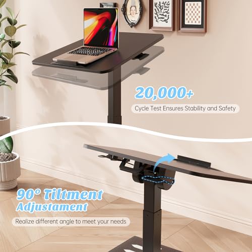 JYLH JOYSEEKER Foldable Mobile Standing Desk, Pneumatic Height Adjustable Rolling Sit Stand Desk, 90° Tiltable Portable Laptop Desk on Wheels, Mobile Desk Workstation for Home Office, Easy to Fold