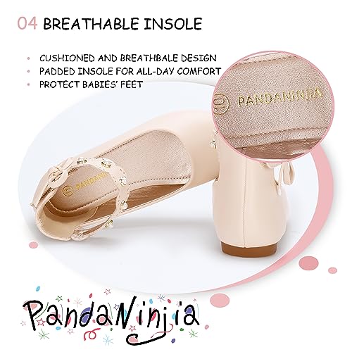 PANDANINJIA Girls Dress Shoes Flower Girl Beige Flats Pearls Ballet Bow Mary Jane Ankle Strap Sara Wedding Party Shoes for Toddler Little Big Kid, Size 4