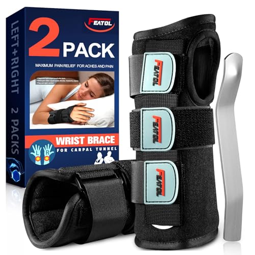 FEATOL 2 Pack Wrist Brace for Carpal Tunnel Relief, Adjustable Wrist Support Brace with Metal Splints Both Hands, X-SmallArm Compression Hand Support for Arthritis, Tendonitis, Sprain, Injuries, Wrist Pain,Right and Left