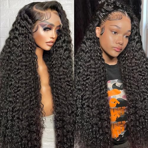 Honxixi Deep Wave Lace Front Wigs Human Hair HD 13x4 Transparent Glueless Deep Curly Lace Frontal Wigs for Women Human Hair Pre Plucked with Baby Hair 180% Density Natural Color (20 inch)