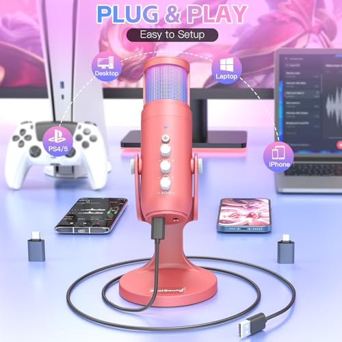 ZealSound USB Microphone,192kHz,3 Capsule,4 Pickup Patterns,RGB Computer Microphones with Mute/Volume Knob/Monitor/Noise Cancel,K66 Plus Condenser Mic for Gaming Podcasting YouTube Stream on Mac