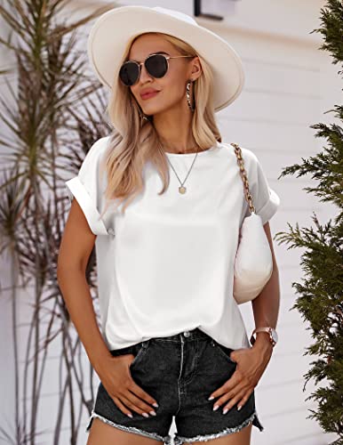 Beyove Women's Elegant T Shirts Round Neck Rolled Short Sleeve Loose Satin Silk Blouse Tops Black S