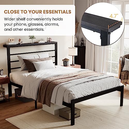 SHA CERLIN Twin Size Bed Frame with Headboard Shelf and Strong Metal Foundation, No Box Spring Needed, Black