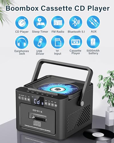 Boombox Cassette CD Player Bluetooth5.1 with 5000mAh Battery,5W Dual Stereo Speakers,Rechargeable CD Player with FM Radio,Remote Control,Tape Recording,3.5mm Earphone Jack,AUX/Micro SD/USB for Home