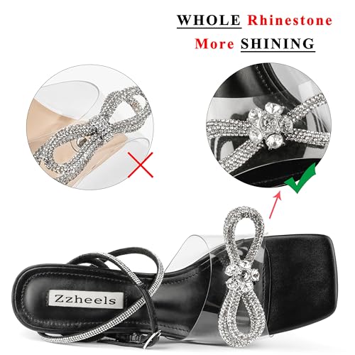 Zzheels Bow Heels Crystal Chunky Sandals Rhinestone Slingback Heels Square Toe for Party Dating Black US10.5