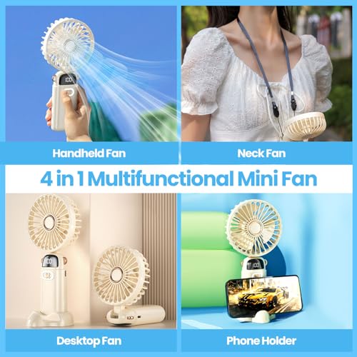 plilogo Portable Fan, Handheld Fan with LED Display, Rechargeable Personal Fan for 15 Hours Cooling, Neck Fan for Outdoor, Small Fan for Travel Camping, Folding Mini Fan with Phone Holder for Office