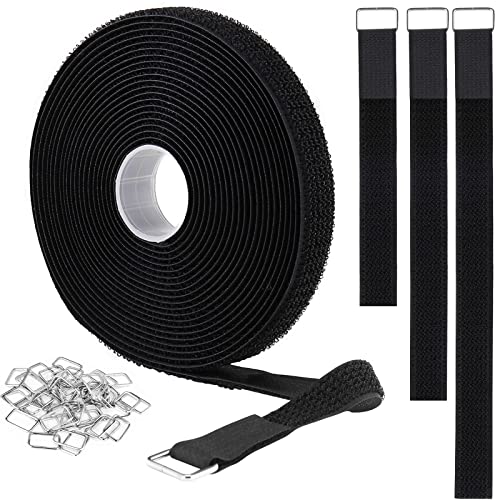 YMCRLUX 1.5"x32ft Hook and Loop Straps with 30 Metal Buckles, Adjustable Fastening Cable Straps, Cut-to-Length Cinch Strap, Reusable Nylon Securing Cord Ties for Organizer or Storage, Black