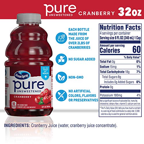 Ocean Spray® Pure Unsweetened Cranberry, 100% Cranberry Juice From Concentrate, 32 Fl Oz Bottle (Pack of 1)