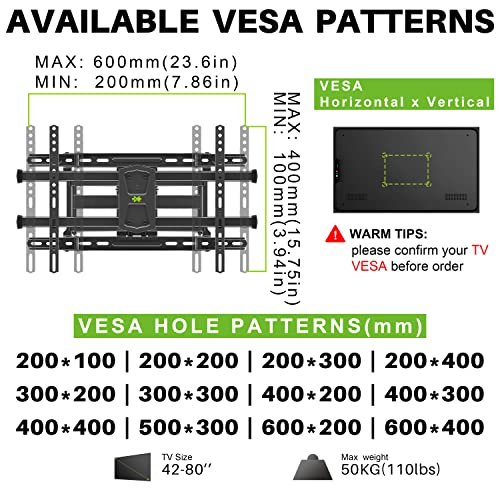 USX Mount Long Arm Full Motion TV Wall Mount for Most 42-90 inch TV 40 Inch Extension TV Mount,Wall Mount TV Bracket with 90°Swivel Up to 150lbs Fits 16” 18” 20” 24” Stud VESA 800x400mm XML035…