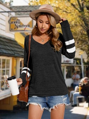 MixShe Womens Tops Fall Fashion 2025 Sweatshirt for Women Sweaters V Neck Long Sleeve Shirts Trendy Clothes Ladeis Blouses Dressy Casual Tunics to Wear with Leggings Black Small