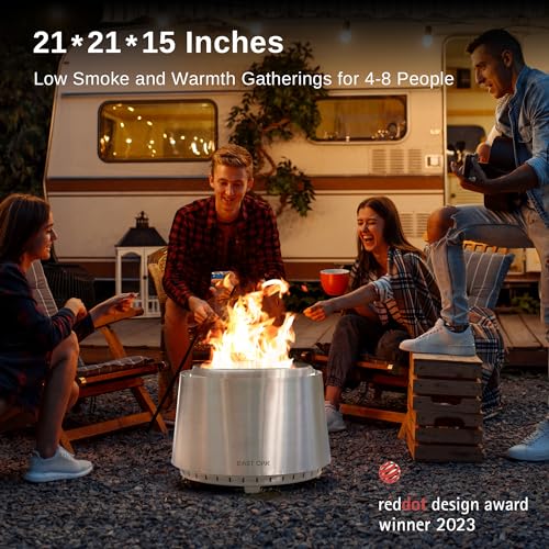 EAST OAK Fire Pit Smokeless 17'' Firepits for Outside Patio, 304 Stainless Steel Wood Burning Fireplaces, Portable Outdoor Bonfire Pit with Poker, Stand & Removable Ash Pan for Camping, Chisel Steel
