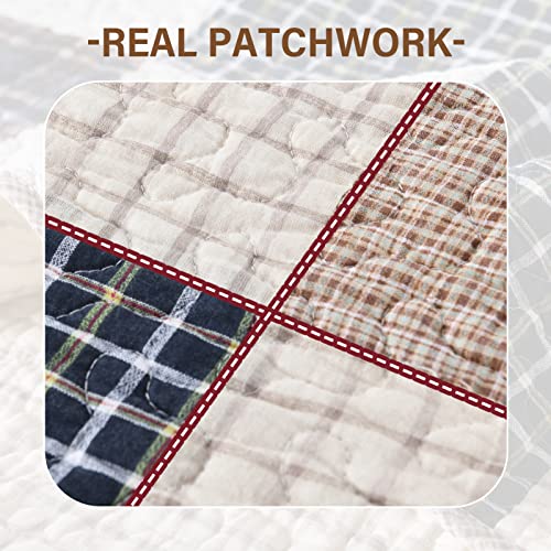 SahSahCasa Queen Size Quilt Set, 100% Cotton Bedding Bedspread, Patchwork Farmhouse Plaid Lightweight Rustic Comforter for All Seasons, Beige