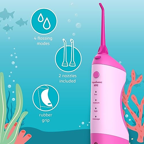 AquaSonic Kids' Water Flosser for Ages 6+ | Standard Nozzle, Orthodontic Nozzle & Waterproof Stickers | 4 Flossing Modes | Aquarium Adventures Theme (Blue)
