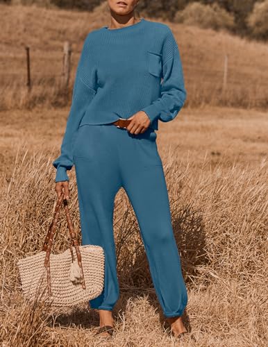 ZESICA Women's 2 Piece Outfits Sweater Set Long Sleeve Mock Neck Knit Pullover Top High Waist Pant Tracksuit Lounge Sets,White,Small