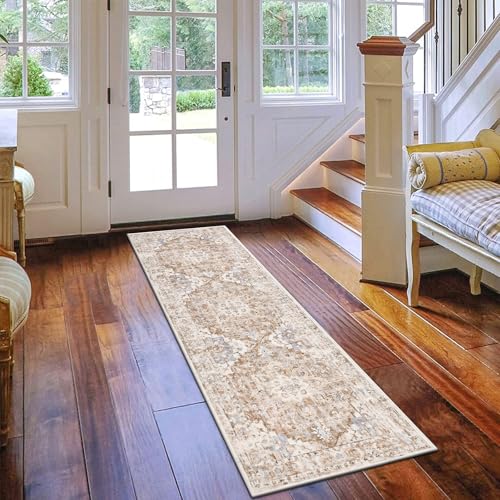 U'Artlines 2' x 6' Boho Hallway Runner Rug, Non Slip Washable Vintage Farmhouse Accent Area Rug Carpet for Kitchen Entryway Laundry and Living Room (Beige Khaki)