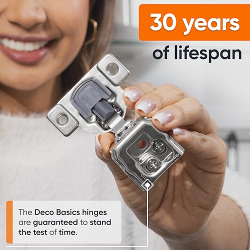 DecoBasics 100 Pack 1-1/4" Overlay Soft Close Cabinet Hinges for Kitchen Cabinets -Satin Nickel Self Closing Kitchen Cabinet Hinges Concealed with Built-in Soft Close Hinge Damper -3 Way Adjustability