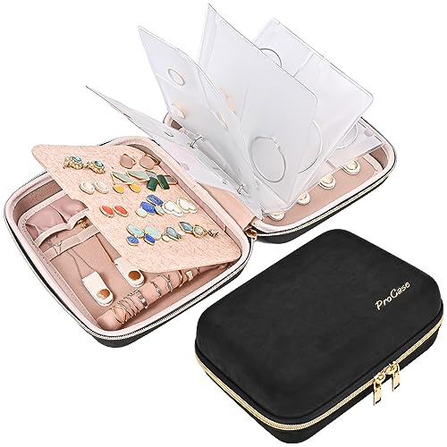 ProCase Medium Travel Jewelry Organizer Case, Jewellry Home Storage Book Ring Binder with Clear Pockets for Presentation, Zippered Pouch Bag for Earrings Necklaces Bracelets -Black