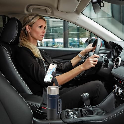 Cup Holder Phone Mount for Car with Expandable Base, 2-1 Phone Holder Car Cupholder Exptender Adapter for 10-40oz Drink Bottles, Mugs and Phone Holder for Car Fits All Smartphone