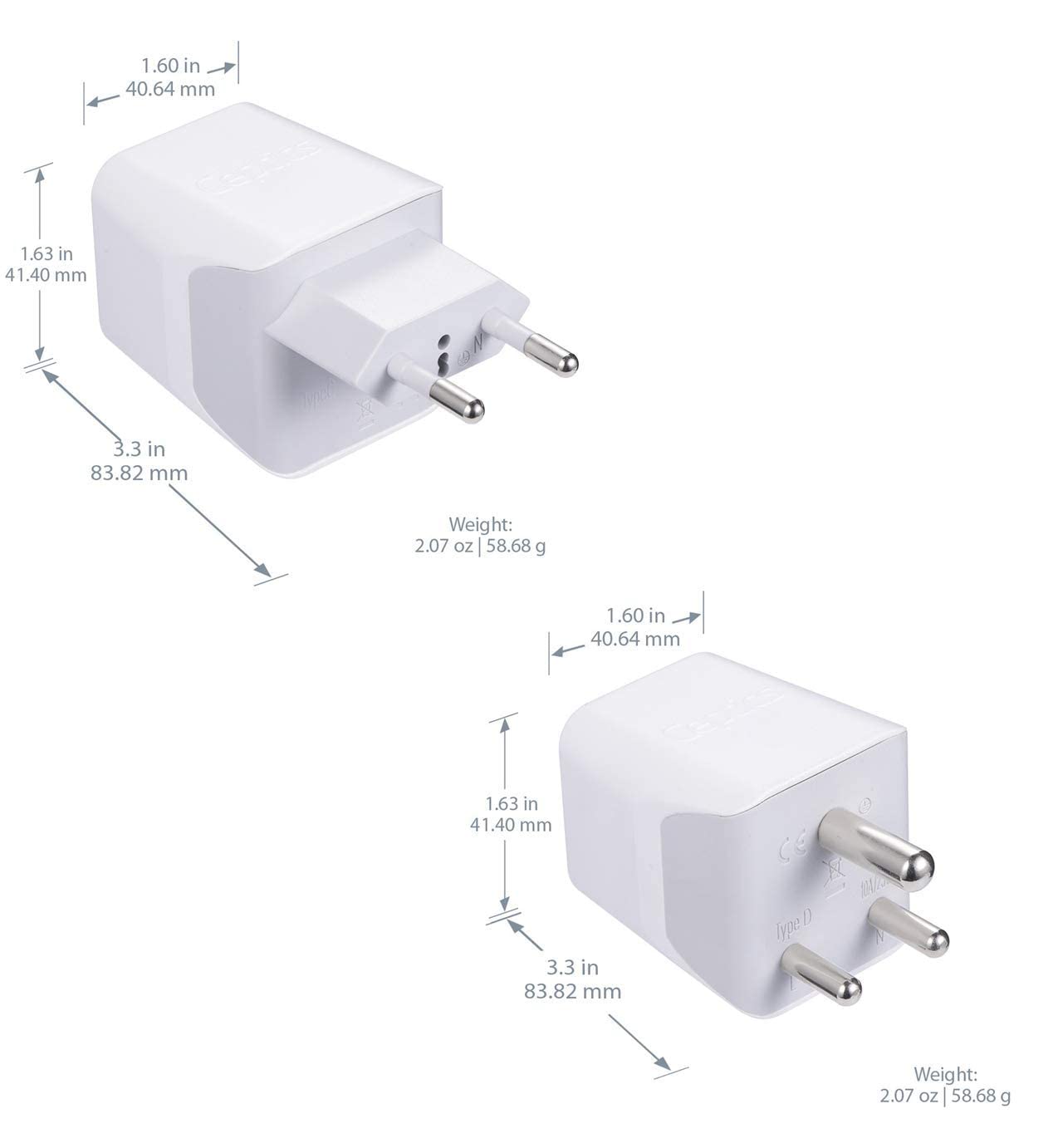 Ceptics India Travel Plug Set - with 2 USB + USA Socket Input - Type C and Type D- Ultra Compact - Safe Grounded Perfect for Cell Phones, Laptops, Camera Chargers