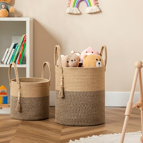 UBBCARE Woven Storage Basket - 11 x 11 inches, Decorative Rope Basket with Handles, Round Basket for Blankets, Dirty Clothes, Toys and Shoes in Living Room, Bedroom, White & Jute