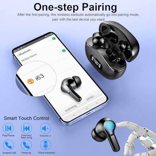 Wireless Earbuds, 2024 Bluetooth Headphones 5.3 HiFi Stereo Ear buds with ENC Noise Cancelling Mics, 40H Bluetooth Earbuds with Dual LED Display Charging Case, IP7 Waterproof Earphones for Android iOS