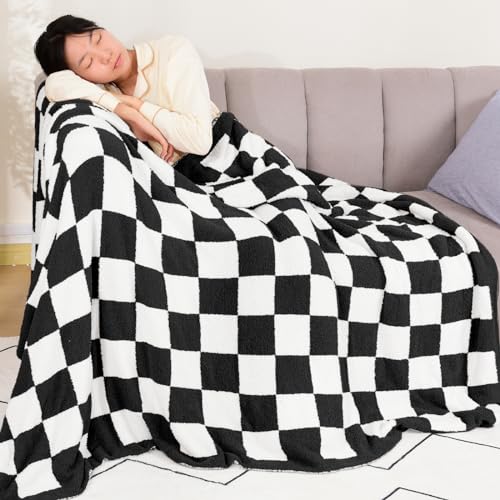 PHF Checkered Twin Blanket, Soft Knit Fluffy Aestheic Grid Blanket, Cozy Lightweight Checkerboard Fleece Blanket for Couch Bed Sofa, Sage Green, 60" x 80"