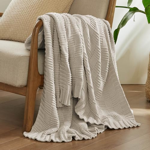 Bedsure 100% Cotton Knitted Throw Blanket for Couch, Checkered Chunky Knit Blanket for Summer, Soft Breathable and Lightweight Linen Beige Throw Blanket, Throw (50" x 60")