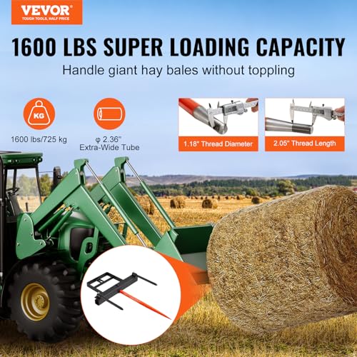 VEVOR 39" Hay Spear, Bale Spears 1600lbs Loading Capacity, Skid Steer Loader Tractor Bucket Attachment with 2pcs 17.5" Stabilizer Spears and 60" Chain, Quick Attach Spike Forks