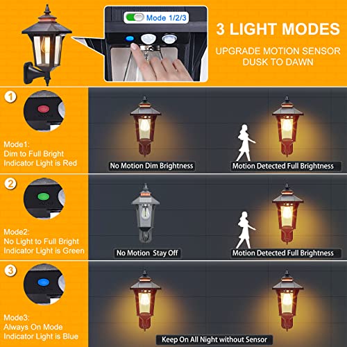 Solar Powered Wall Lantern Lights Outdoor with 3 Modes, Motion Sensor Solar Wall Light Waterproof, Dusk to Dawn LED Exterior Front Porch Lights Fixtures Wall Mount for Garage House Patio Doorway Yard