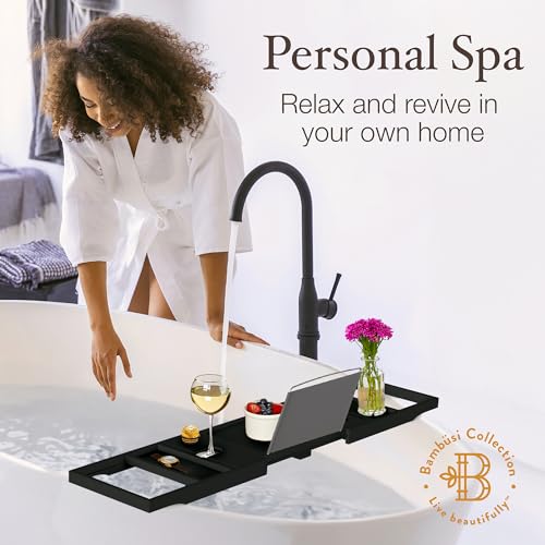 Bambüsi Bathtub Tray Table - Collapsible & Adjustable Bathtub Caddy - Space-Saving Folding Bath Tub Tray - Wood Bathtub Accessories - Unique Valentines Day Gifts for Women or Men (Black Bamboo)