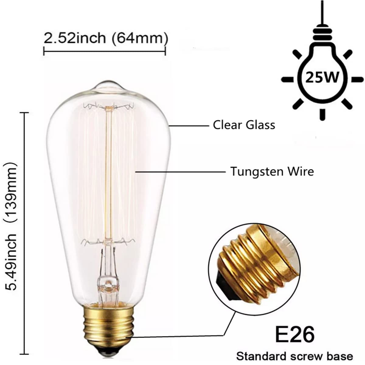 Edison Light Bulbs 25W - Thomas Edison Light Bulb Style - Incandescent Clear Glass Vintage Antique Bulb for Home Light Fixtures - Amber Warm 2700K - (6 Pack /110v)