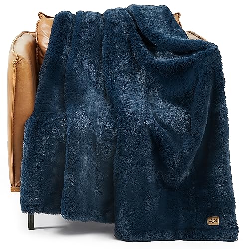 UGG 16804 Euphoria Plush Faux Fur Reversible Throw Blanket Easy Care Machine Washable Luxury Cozy Fuzzy Fluffy Luxurious Home Decor Luxurious Soft Blanket for Sofa, 70 x 50-Inch, Indigo