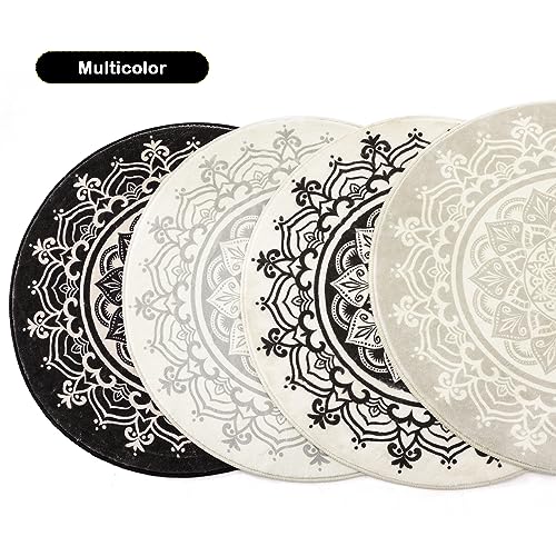 Carvapet 2' Small Round Area Rug Chic Boho Mandala Print Circle Rugs Non Slip Machine Washable Floor Mat Soft Throw Rug for Powder Room Entryway Bathroom Nursery Bedside Floor Decor Black Ivory