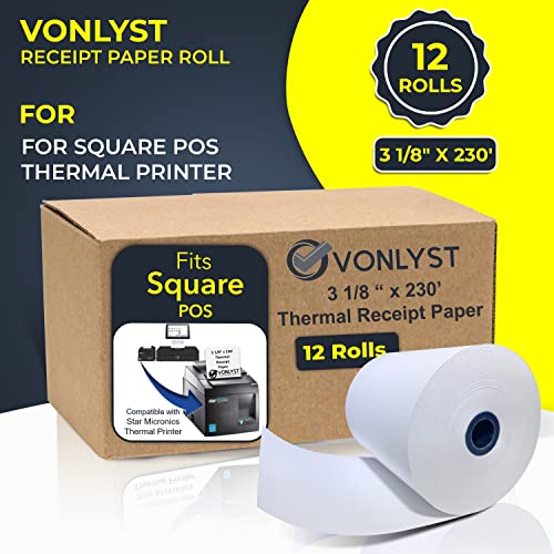 Vonlyst Receipt Paper Roll 3 1/8 x 230 for Square Register and Square POS System connected to Star Micronics Thermal Printer (Pack 12 rolls)
